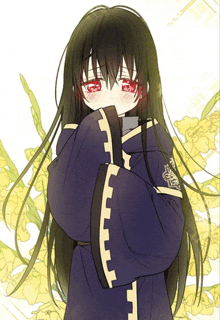 a little girl with long black hair and red eyes