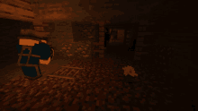 a minecraft character is standing in a dark cave with a flower in the foreground