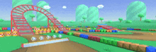 a video game scene with a roller coaster and trees in the background