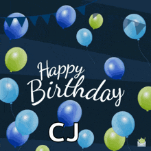 a birthday card with balloons and the name cj on it