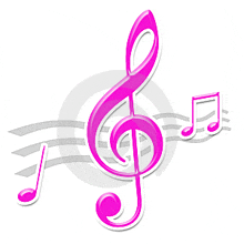 a pink treble clef is surrounded by music notes on a white background