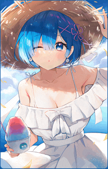 a girl with blue hair is wearing a straw hat and holding an ice cream cone