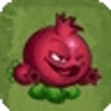 a cartoon pomegranate with a crown on its head is sitting on a green plant .