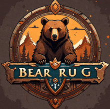 a bear rug logo with a bear in the center