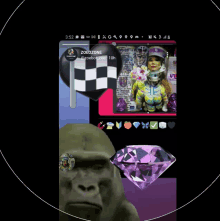 a phone screen shows a gorilla and a purple diamond and says zoeozone