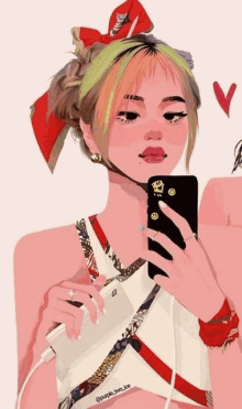 a drawing of a girl taking a selfie with a smiley face on her phone