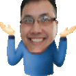 a man wearing glasses and a blue sweater is smiling and holding up his hands .