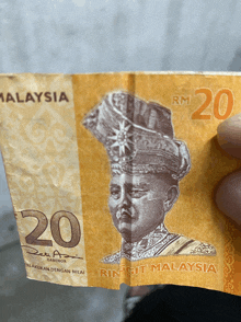 a person is holding a 20 rm malaysia banknote