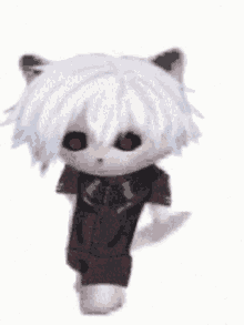 a stuffed animal with white hair and red eyes standing on a white background