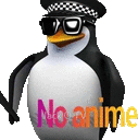 a penguin wearing sunglasses and a hat with the words no anime written on it .