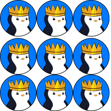 a penguin with a crown on its head is surrounded by other penguins