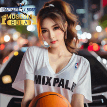 a woman wearing a mixpak jersey holds a basketball in front of a car