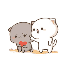 a gray cat and a white cat are holding a heart .