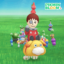 a game called pikmin bloom has a boy sitting on a yellow stuffed animal