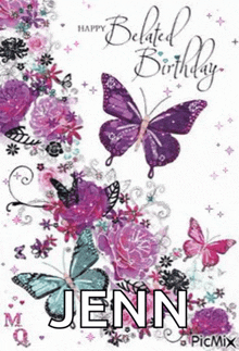 a birthday card with purple butterflies and the name jenn