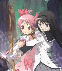 a couple of anime girls are standing next to each other holding bows and arrows .