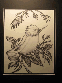 a black and white drawing of a bird on a branch with leaves and the name rick on it