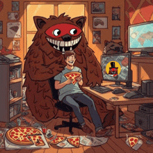 a cartoon of a man sitting at a desk with a monster behind him holding a slice of pizza