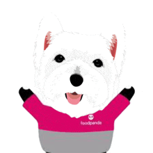 a cartoon drawing of a white dog wearing a pink and grey foodpanda shirt