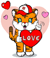 a cartoon of a tiger holding a red heart that says love