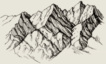 a drawing of a mountain range with a few trees in the foreground