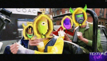 a group of people are sitting in a car with their faces covered in pixel art