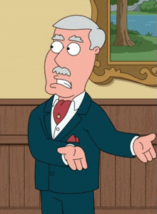 a cartoon man in a suit and tie is standing in front of a wooden wall