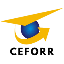 a logo for ceforr with a yellow arrow and a blue globe