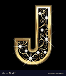 the letter j is decorated with gold and diamonds on a black background