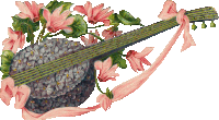 a painting of a guitar made of flowers with a pink ribbon around it