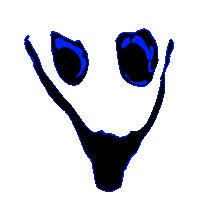 a drawing of a face with blue eyes