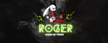 a logo for roger shows a rabbit holding a bloody axe