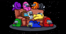 a group of among us characters are laying on a couch with their helmets on