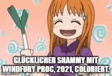 a cartoon girl is holding a green onion in her hand and smiling .