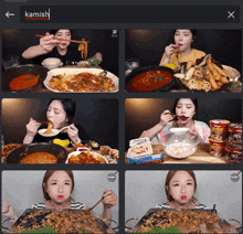 a collage of pictures of people eating food with the word kamish on the bottom left