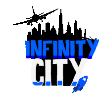 a logo for infinity city with an airplane flying over the city