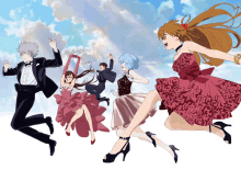 a group of anime characters are jumping in the air and one of them is wearing a red dress