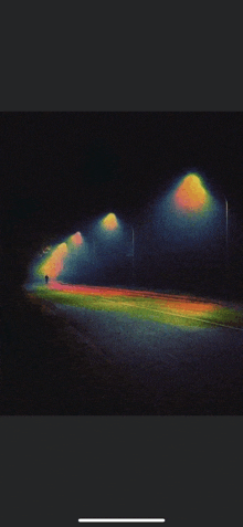 a painting of a street at night with a rainbow of colors