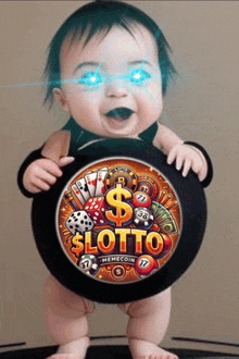 a baby with blue eyes is holding a sign that says slotto memecoin