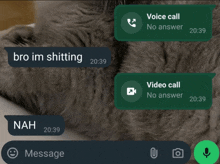 a phone screen shows a voice call and a video call with no answer