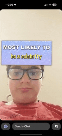 a man wearing glasses and a red shirt is being asked if he is most likely to be a celebrity