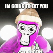 a purple gorilla with the words im going to eat you written on it