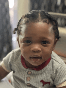 a baby wearing a grey shirt with buttons and a red collar