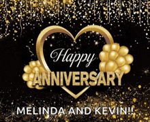 a black background with gold balloons and a heart that says happy anniversary