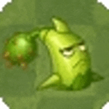 a green cartoon character with a sad face is sitting on a green leaf .