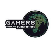 a logo for gamers without borders with a map of the world on it .