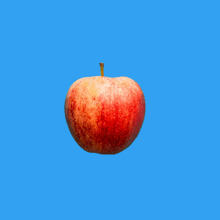 a red apple against a blue background with a yellow stem