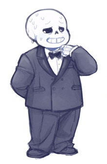 a drawing of a skeleton in a suit and bow tie