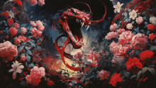 a painting of a snake surrounded by flowers with its mouth open