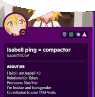 isabell ping = compactor isabell # 069 is written on a purple background